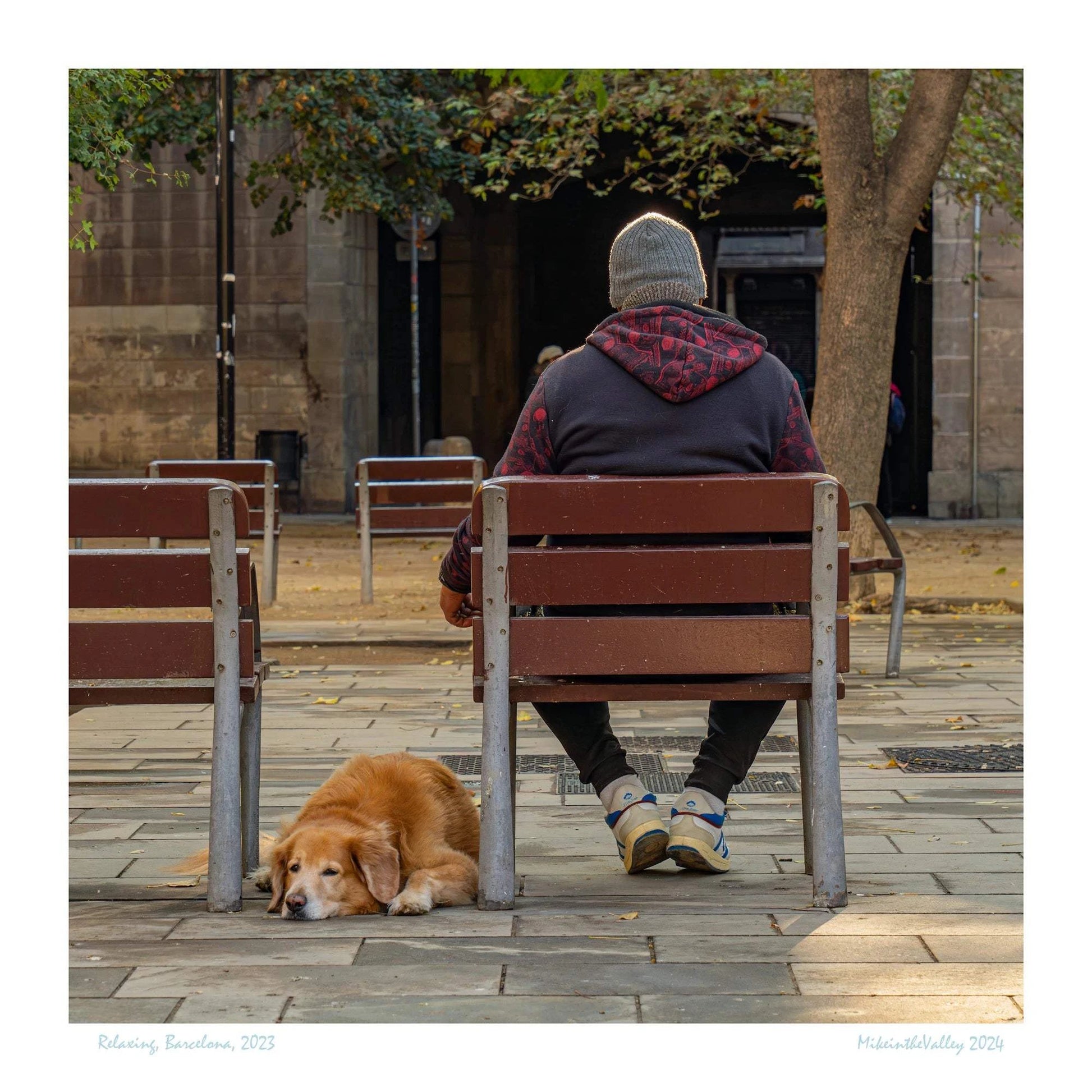 Ein Mann mit Wollmütze sitzt auf einer Bank in einem Innenhof des Jardins Rubio mit dem Rücken zum Betrachter. Neben ihm liegt ein Golden Retriever und sieht in unsere Richtung.