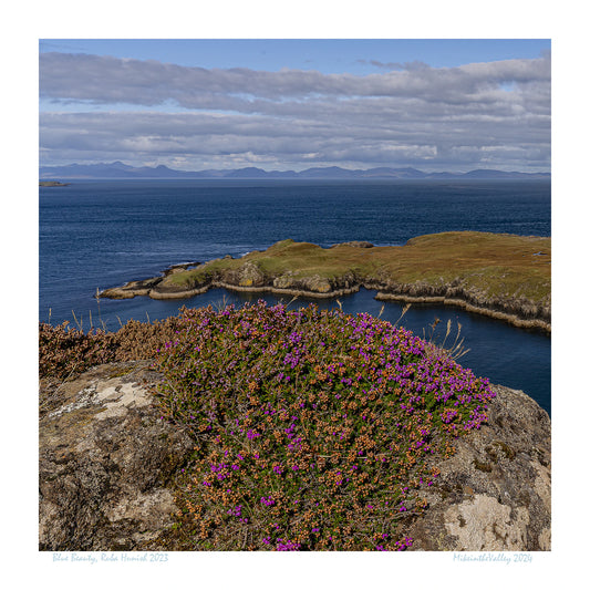 Ein Felsen mit Heidekraut am nördlichsten Ende der Insel Skye in Schottland. Eine Landzunge erstreckt sich quer ins blaue Meer. Im Hintergrund ein Gebirgszug.